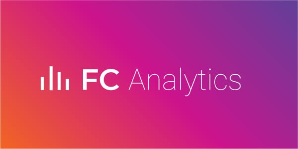 an image of FC Analytics with a bar icon on the left on an FC color gradient background