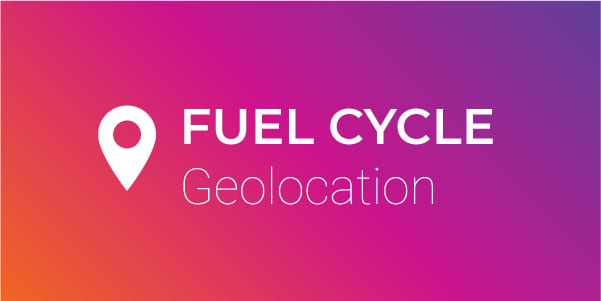 an image of Fuel Cycle Geolocation with a Location Pin icon on the left on an FC color gradient background