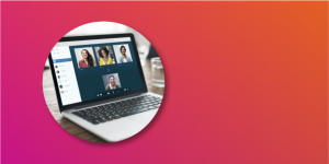 an image of a laptop with the screen showing a video conference interface in circle with background in fuel cycle color gradient