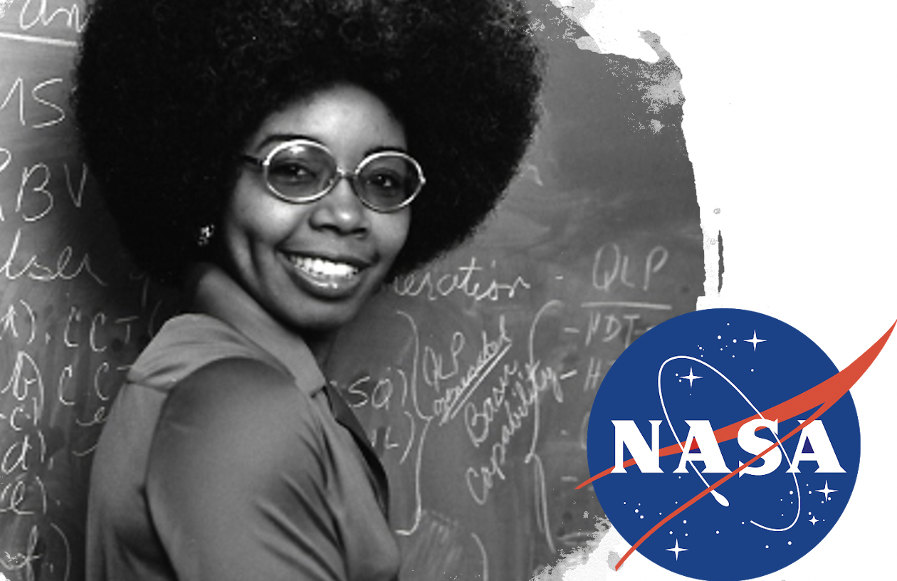 an image of Valerie Thomas, a data analyst at NASA who developed real-time computer data systems to support satellite operations control centers and oversaw the creation of the Landsat program