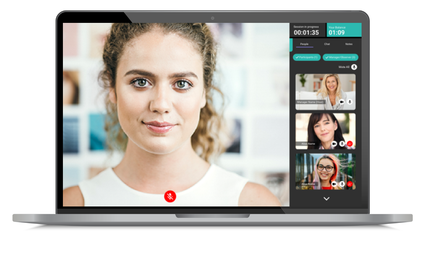 an image of a laptop with the screen showing the interface of a video conference between 4 women